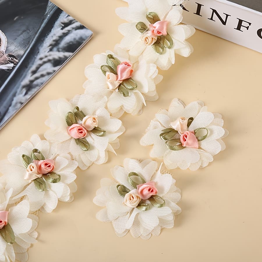 TEMU 10 Pieces Of Elegant Tulle Flowers With Roses And Leaves - Perfect For Crafting And Embellishing - White