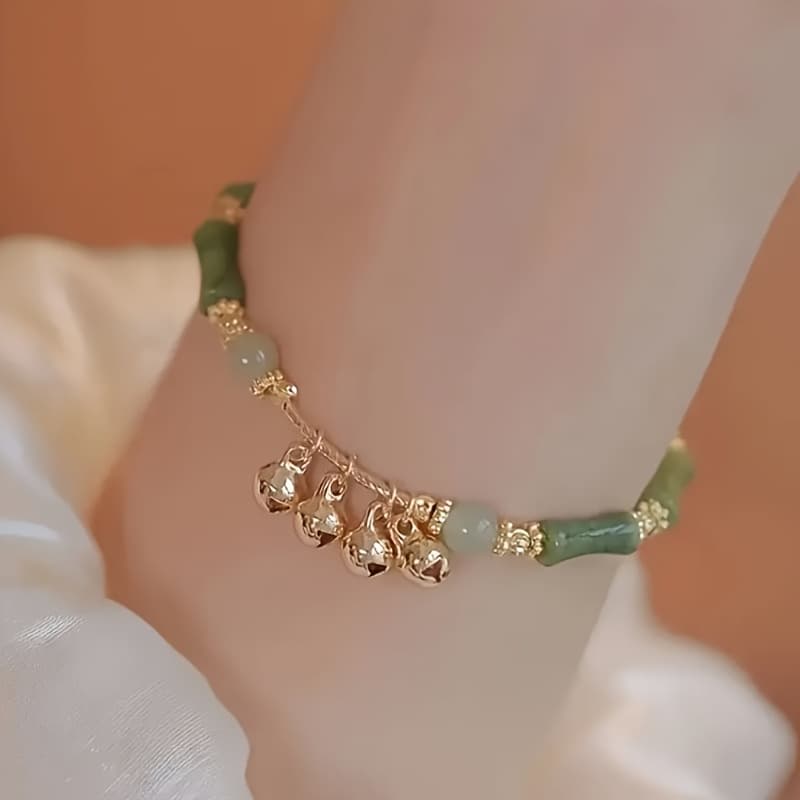 TEMU Ladies' Elegant Bamboo Bell Bracelet - Vintage Green Resin & Golden Alloy Bells With Bamboo, Tone Suitable For Daily Wear, Special Occasions, Mother' Day Gift, Durable Women' Jewelry Accessories