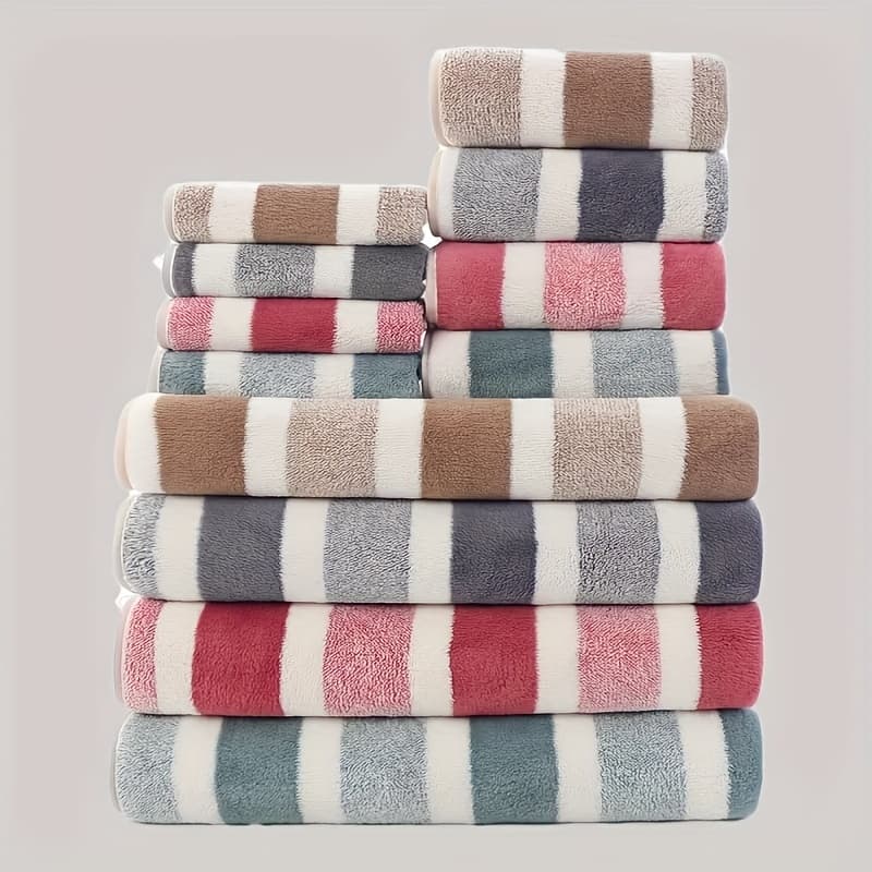 TEMU 12pcs Soft And Thick Striped Towel Set, Quick Drying And Absorbent Ultra- Bath Towels, 4 Bath Towels, 4 Towels, And 4 Hand Towels Are Home Bathrooms And Face Towels