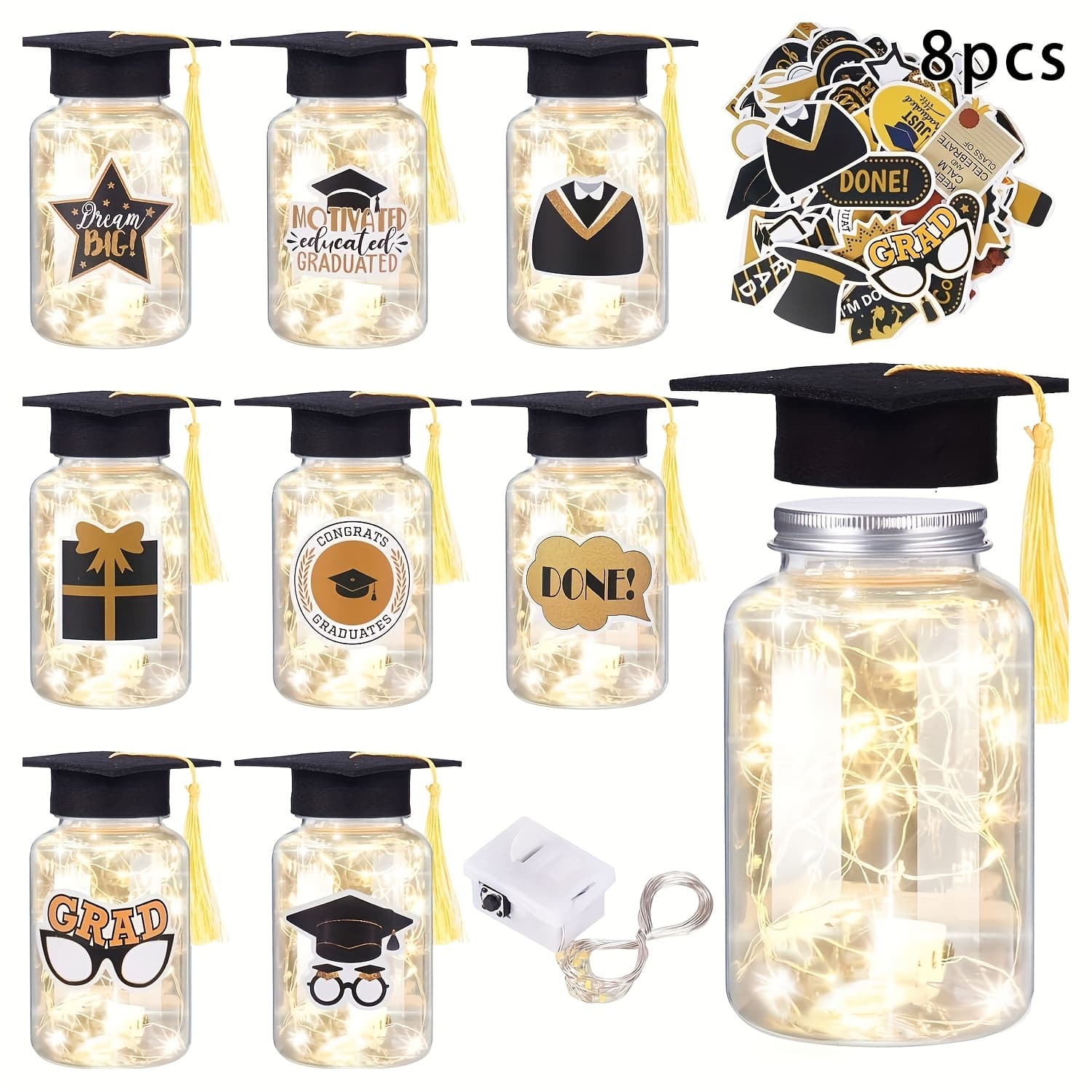 TEMU 2026 Graduation Gift Set: 8pcs Graduation Commemorative Jars, Including Gratitude Jars And Stickers, Perfect For Graduation Party Decoration And Gift