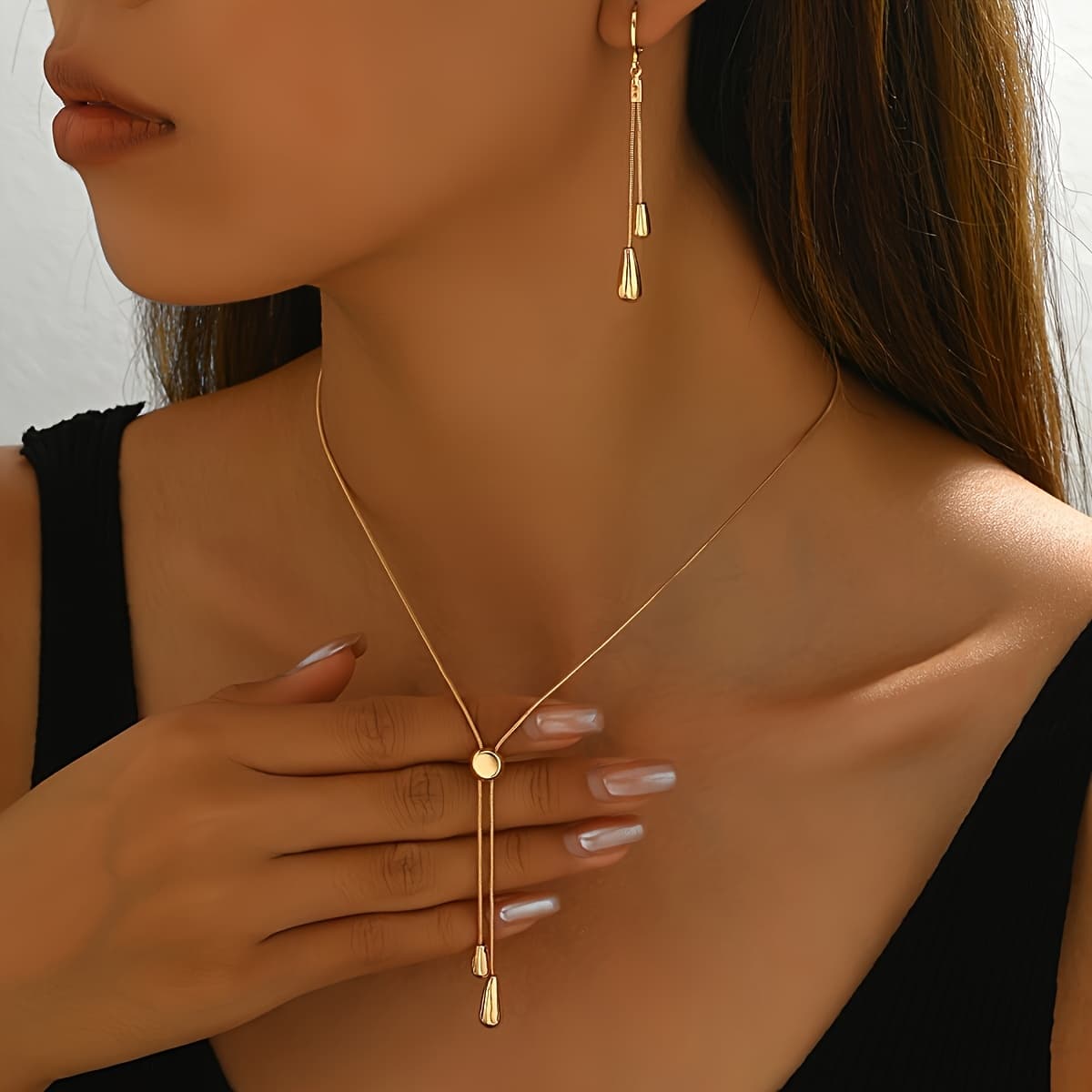 TEMU 2pcs Women's Fashion Simple Adjustable Chain Pendant Necklace Set Snake Bone Thin Chain Teardrop Pendant Earrings Dangle Drop Teardrop Earring Suitable For Daily And Party Accessories