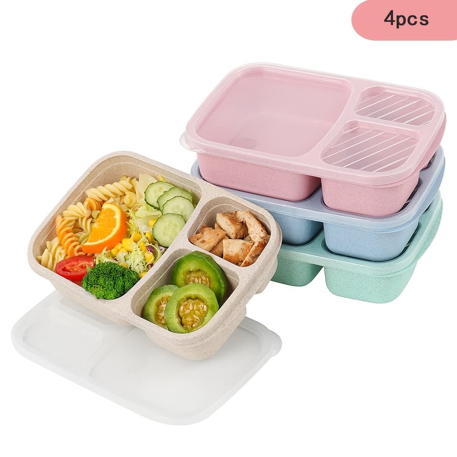 TEMU 4pcs Bento Boxes, Portable And Reusable Sealed Boxes, 3-compartment Food Storage Containers, Portable Lunch Boxes, Suitable For Outdoors And Kitchen