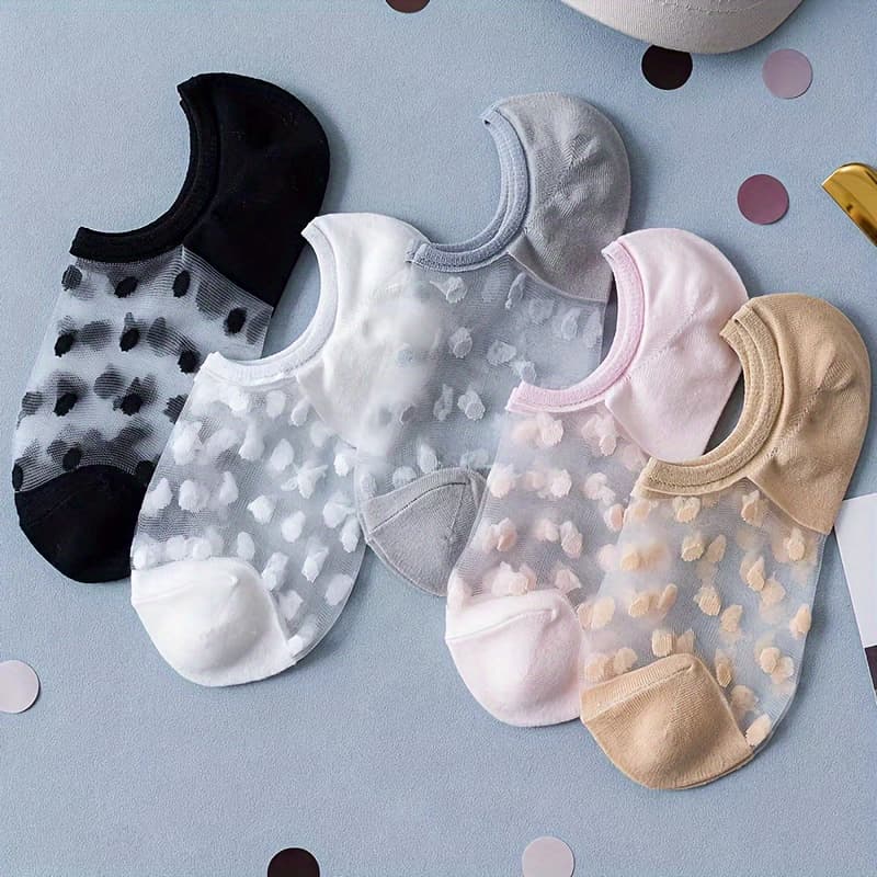 TEMU 5 Pairs Of Summer Thin Polka Dot Glass Shallow Non-slip Boat Socks For Women