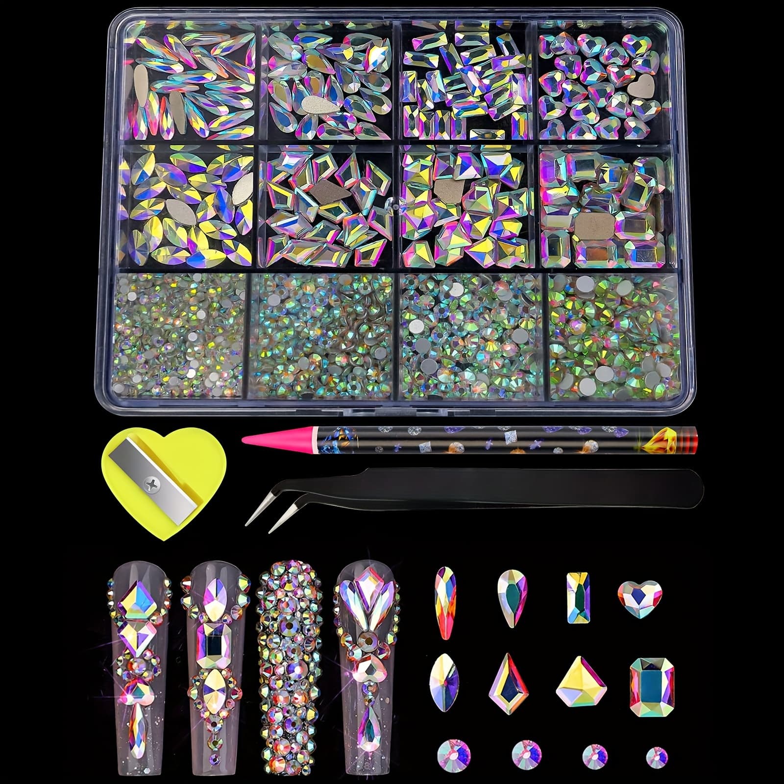 TEMU 12 Grid 3d Multi -shaped Nail Diamond Flat Diamond -bottom Diamonds, Heterogeneous Mixed Jewelry Mixed Round Glass Diamond Decoration