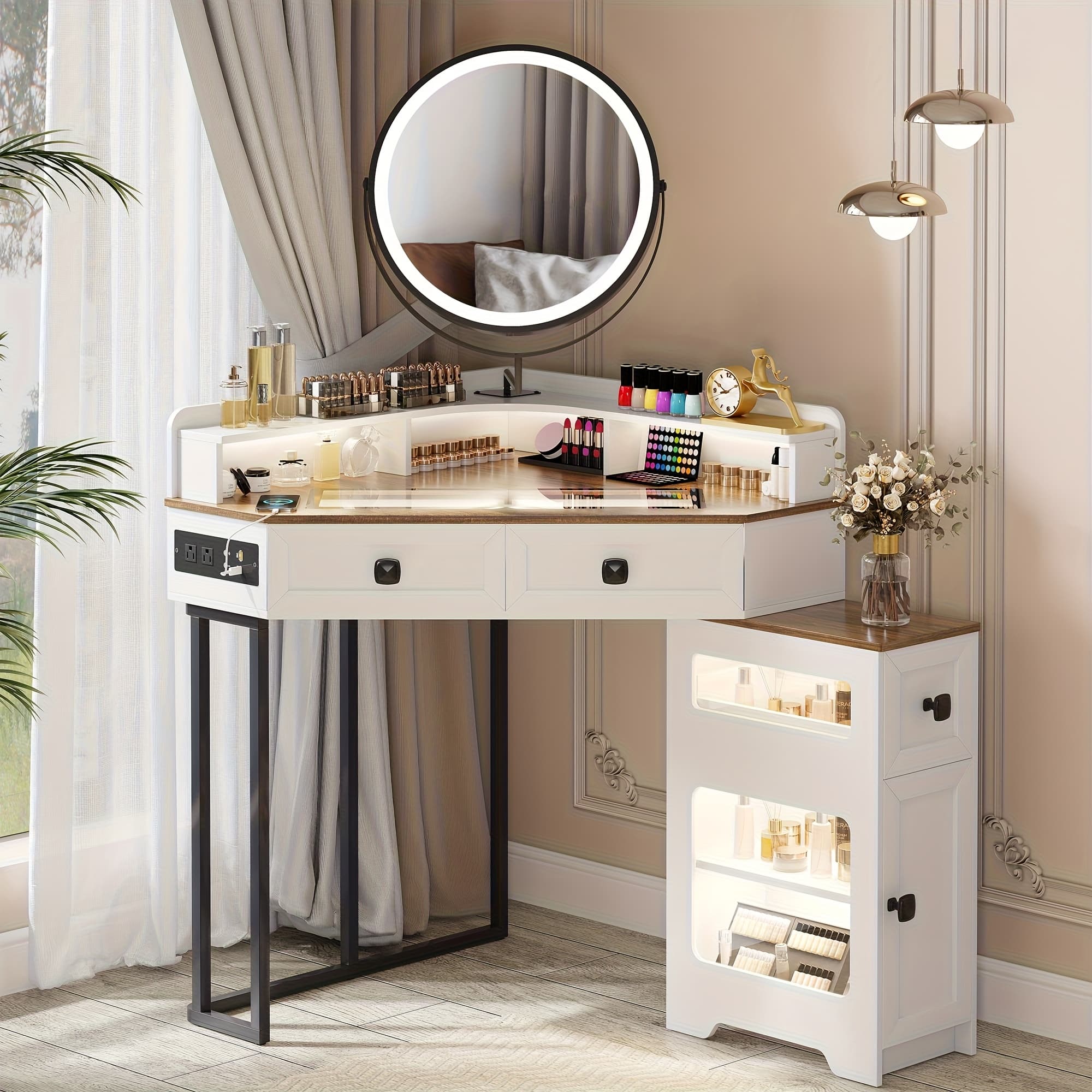 TEMU Corner Vanity With Mirror And Lights, Modern Makeup Vanity Set With Charging Station For Bedroom/, Glass Top Vanity Table With Drawers And Shelves, White