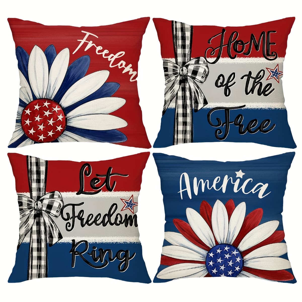 TEMU Set Of 4, Flower Throw Pillow Covers, Let Stars Cushion Covers, Day Usa Flag Pillowcases, 18 X 18 Inches, For Farmhouse, Living Room, Bedroom, Sofa, Porch, Patio, Outdoor, Without Pillow