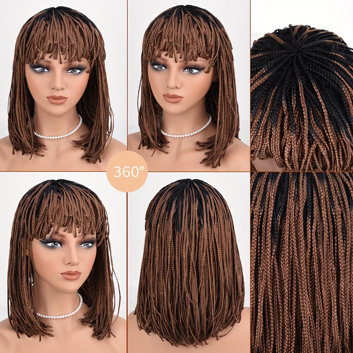TEMU Braids Bob Wig For Women Short Bob Wig Tiny Box Braided Wig With Bangs Synthetic Black To Brown Cornrow Braided Wigs For Women Black To Brown 14inch Wig