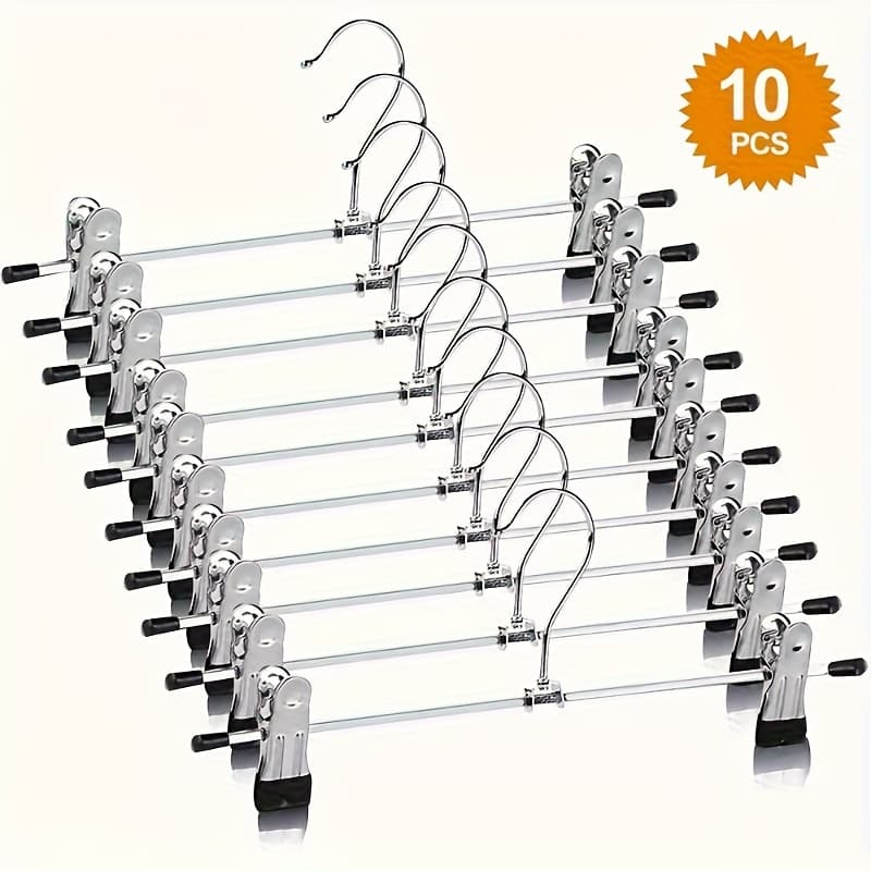 TEMU 10pcs, Multifunctional Metal Hangers With Adjustable Non-slip Clips, Clothes Suitable For Pants, Skirts, Jeans, Coats - Durable Hanger Set For Closet And Retail Display