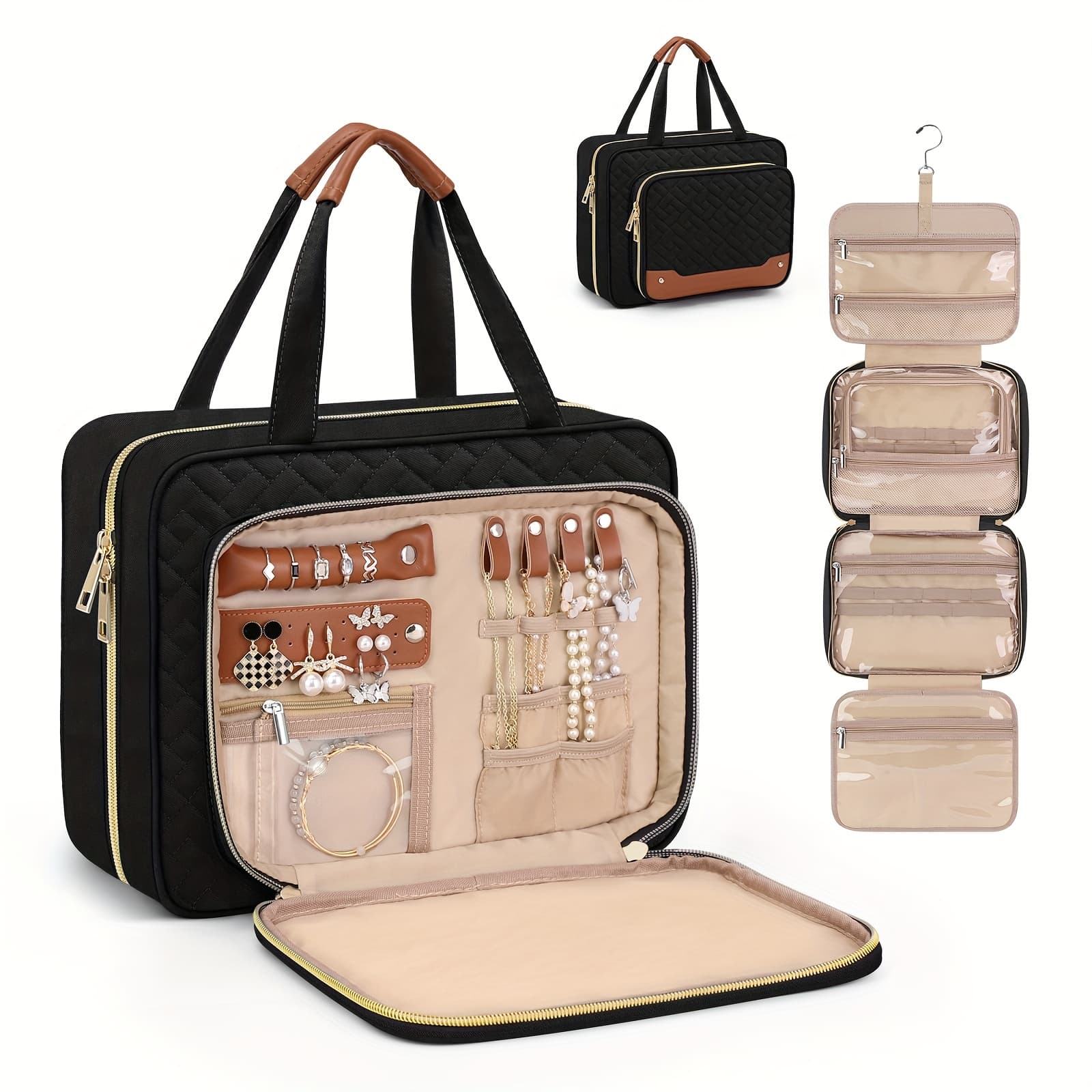 TEMU Toiletry Bag With Hanging Hook Jewelry Organizer Makeup Cosmetic For Travel Weekender 12''*4.3''*9'' For Women Wife Cruise