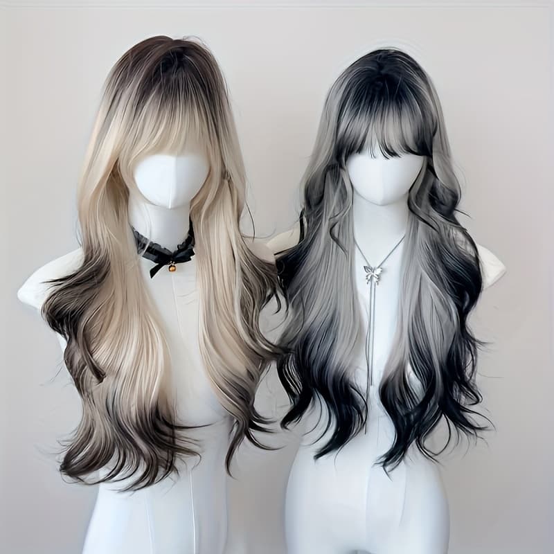 TEMU 26-inch Women's Y2k Gradient Looking Wig With Bangs - Long Curly Waves ( To Ombre), Volume For Parties, Music Festivals & Daily Wear - European/ Hairpiece