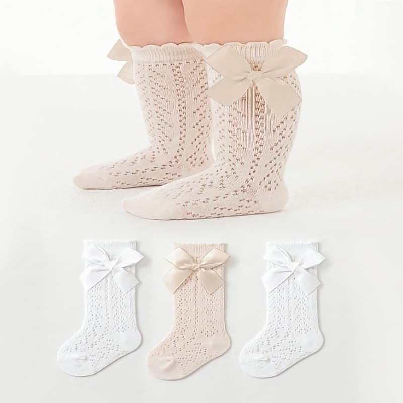 TEMU 3-pack Infant Bow Anti-mosquito Mid-calf Socks, Fashionable Versatile Hollow-out Texture Lightweight Mesh Crew Socks