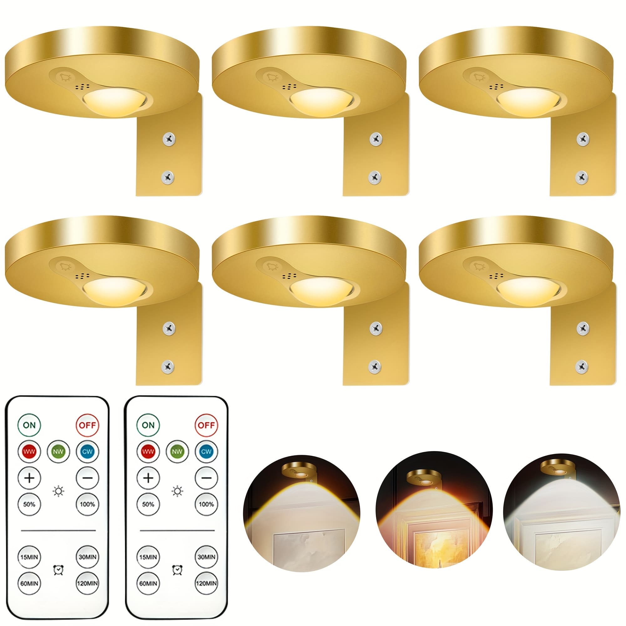TEMU 6pcs Rechargeable Picture Lights For Wall, 1200mah Battery Operated Wall Frame Lights, Lights With Remote, Dimmable & Timer For Paintings Wireless, Magnetic Gallery