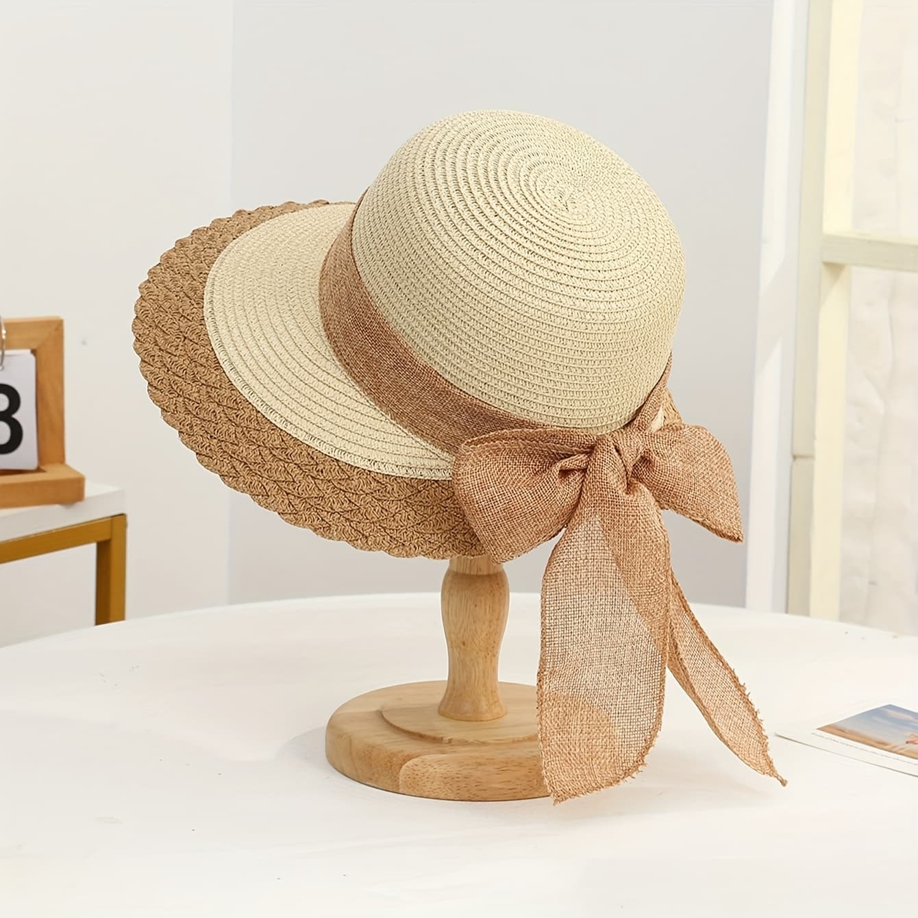 TEMU Large Lace Bow Straw Hat Summer Women Wide Brim Floppy Panama Hat Lady Outdoor Travel Beach