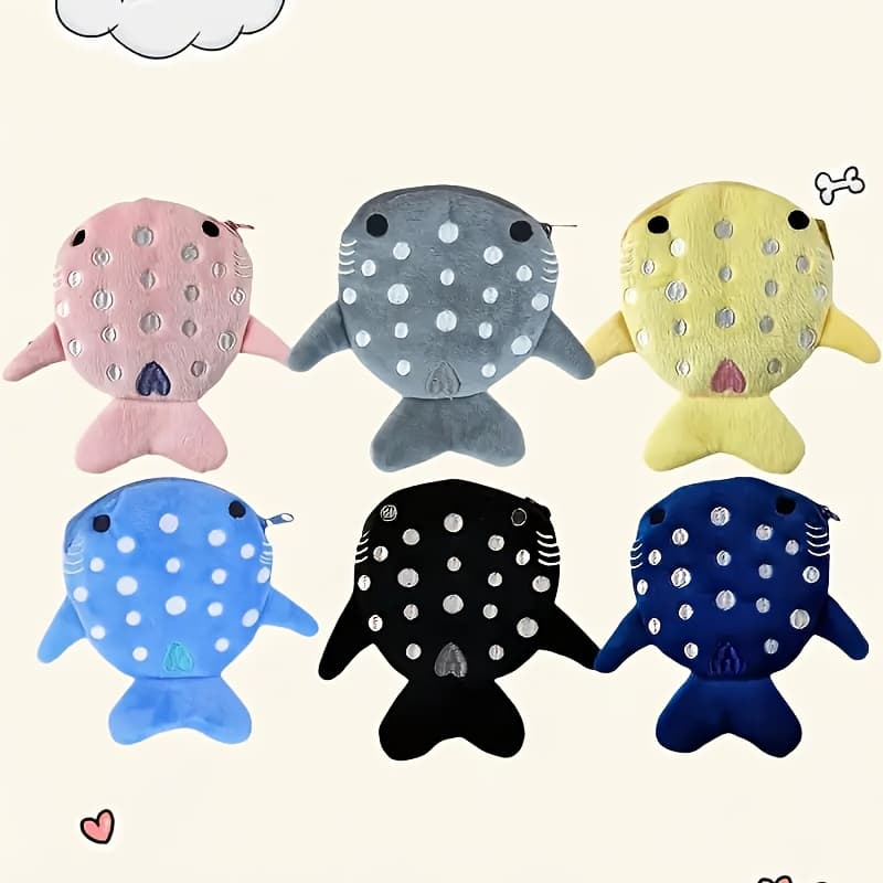 TEMU 6pcs Cute Mini Cartoon Shark Fur Storage Bag - , Animal Pattern, Blue, Lightweight, With Chain, Zipper Bag - Suitable For Women And Men - Organizing , Data Cables
