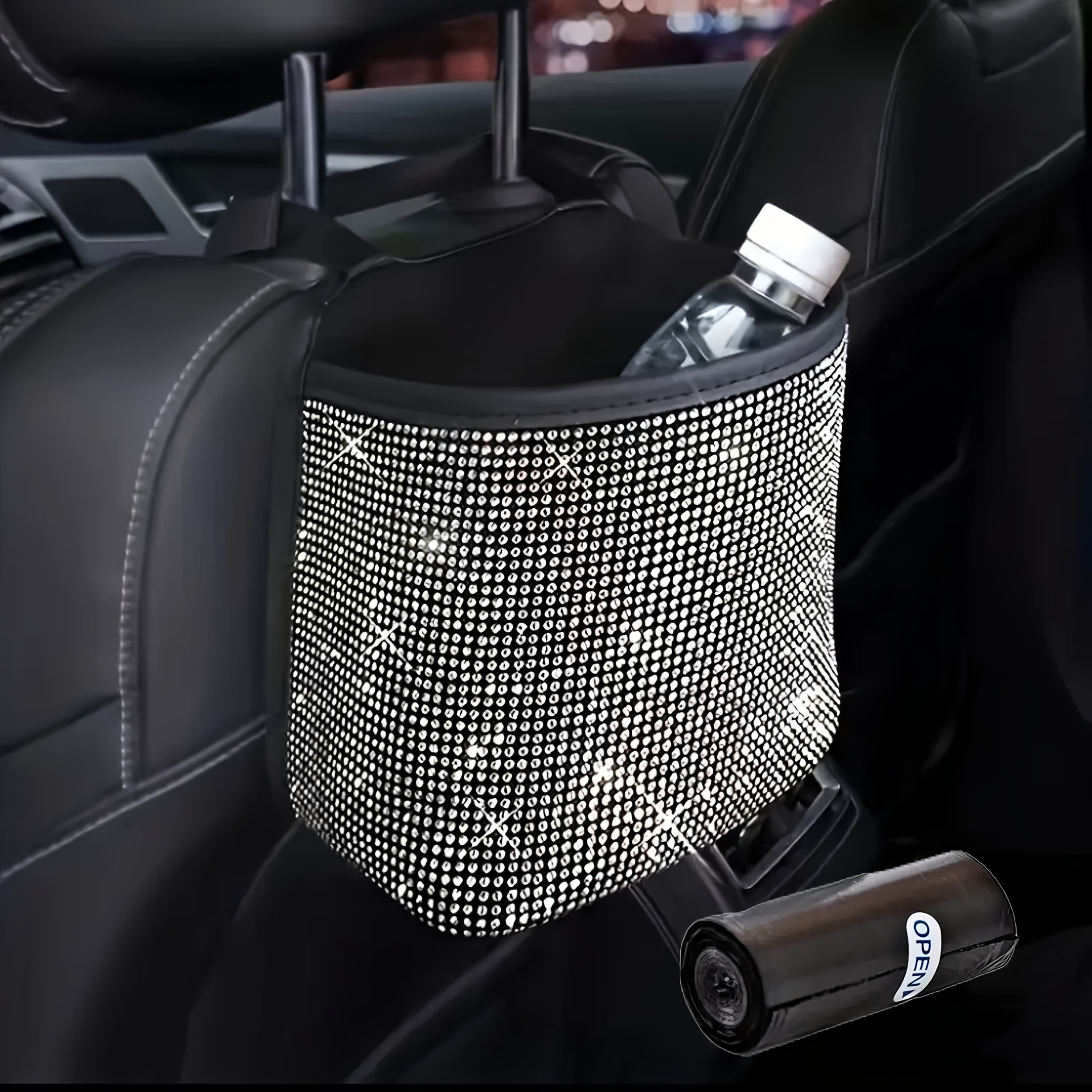 TEMU 2pcs/set Sparkling Bling Rhinestones Car Trash Can+1pc Trash Bag- Durable & Convenient Hanging Storage Bag For Seat Back - Multifunctional, Space- Interior Accessory,