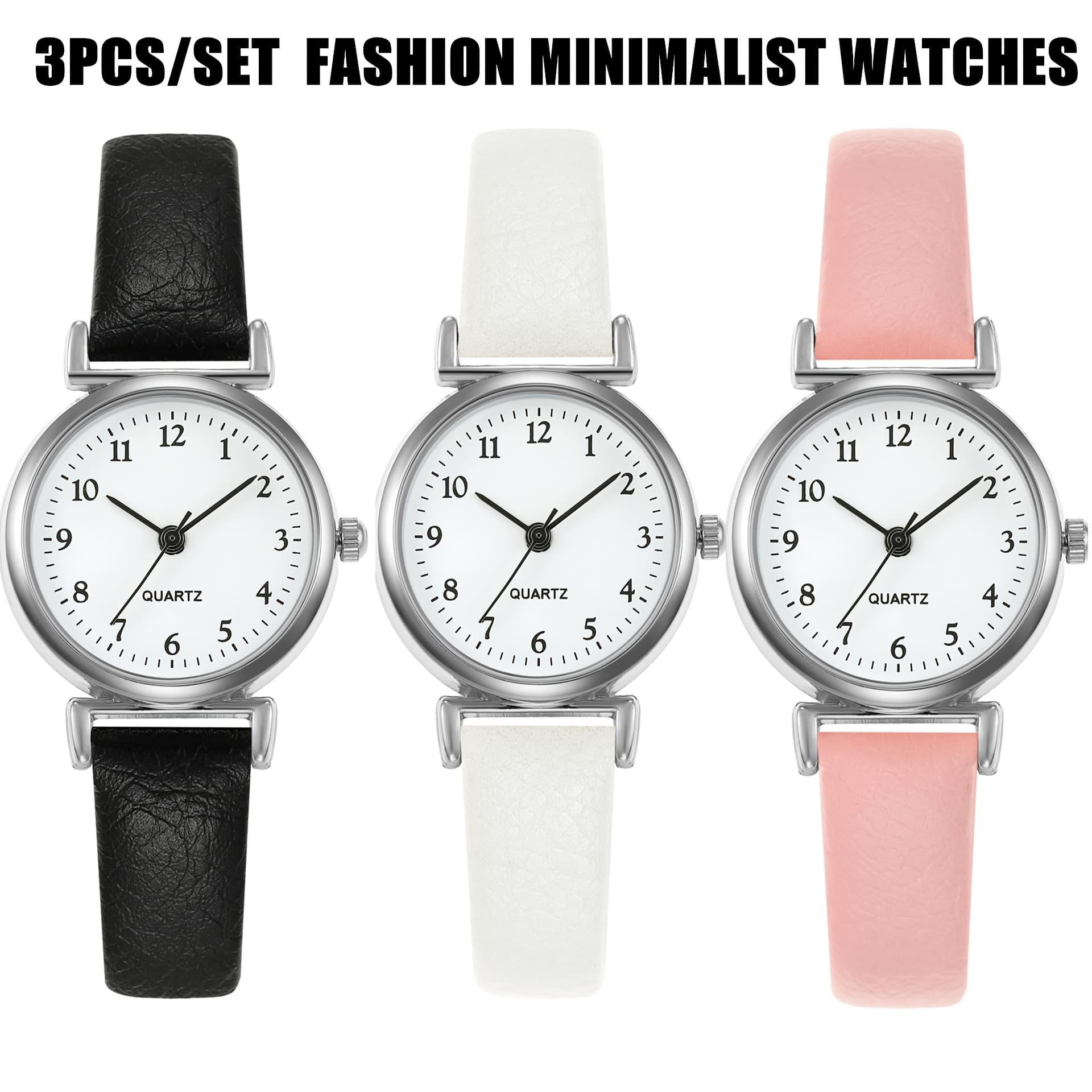 TEMU 3pcs/set Women's Quartz Watch, Fashion Pu Leather Strap-thin, Elegant Wristwatch, Small Size Round Dial Design Clocks Black + White