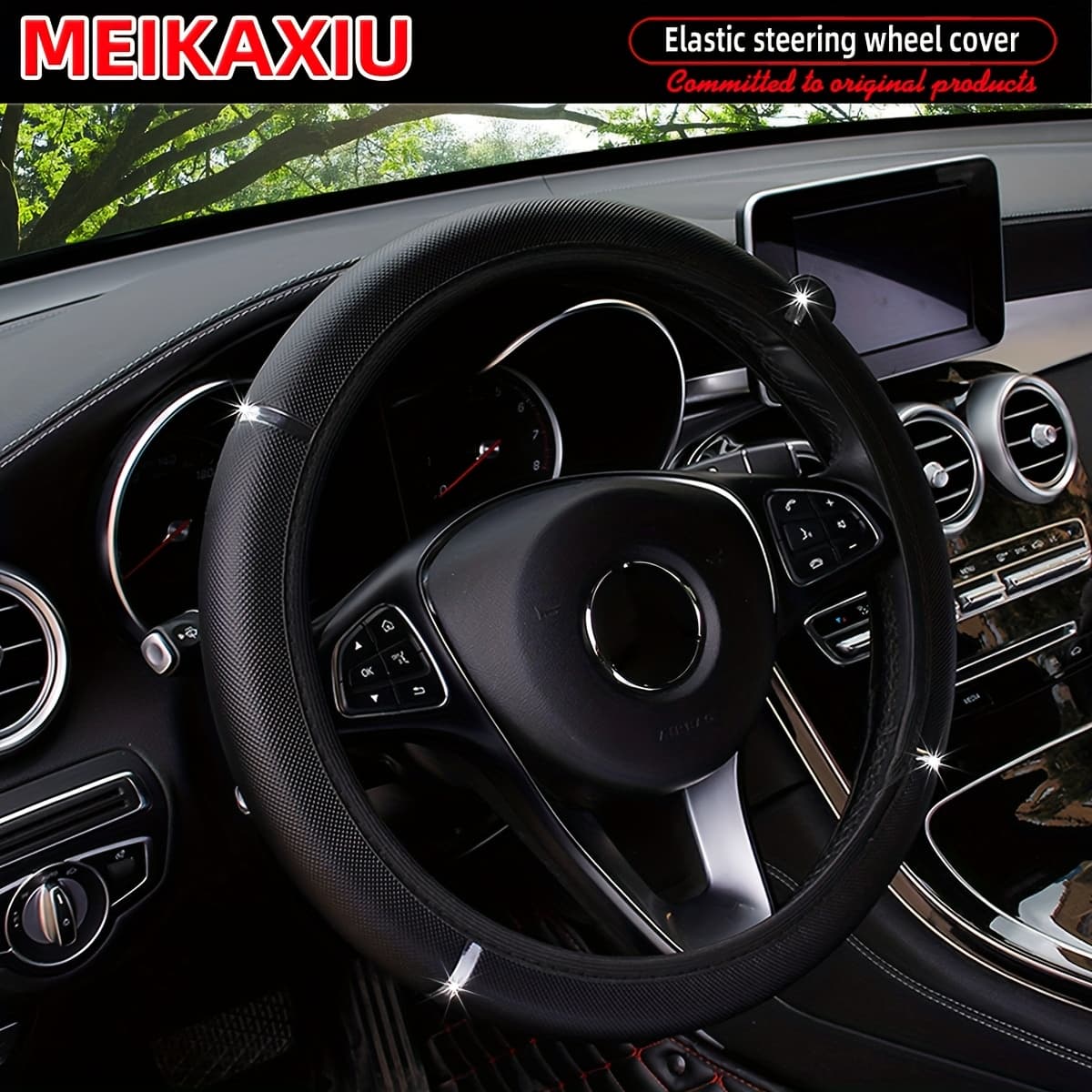 TEMU No Car Steering Wheel Cover Faux Leather Metal Strip Flash Universal Car Additions