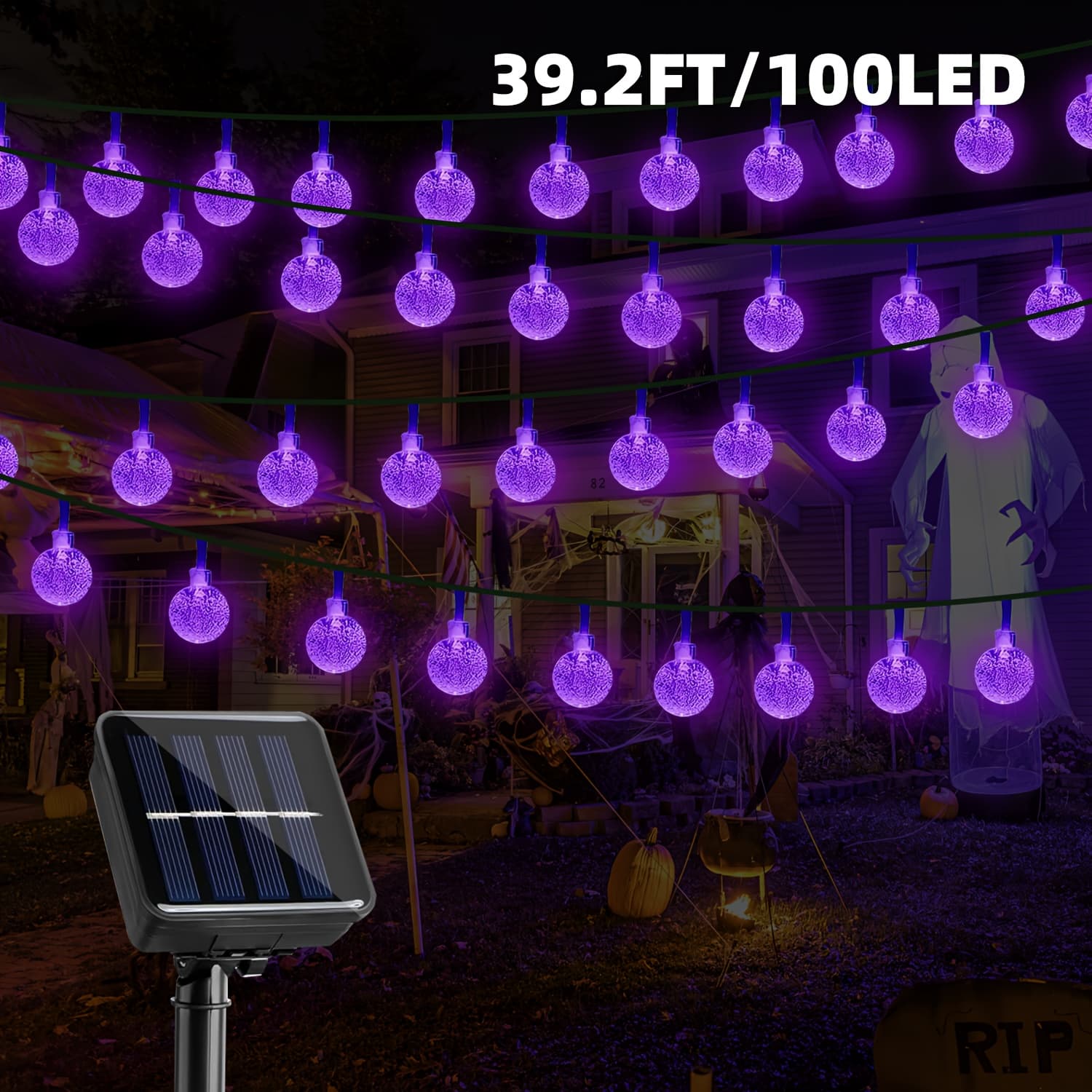 TEMU 100/50/20 Led Solar String Light, 39.69/23.29/16.73ft Bubble Ball Light, 8 , Ip65, Solar Powered, Outdoor Garden, Courtyard, Porch, Wedding Party, Halloween Decorative Light (purple)