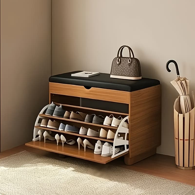 TEMU Shoe Bench With Flip-drawer And Cushion, Freestanding Shoe Rack For Entryway