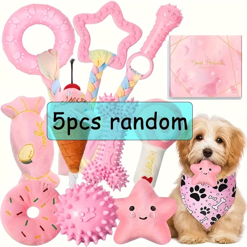 TEMU 5pcs Random Puppy Chew Toy Set - Non Toxic Plush And Plastic Teeth Cleaning Pet Toy Set For Small Dogs - Durable Dog Teething Toy Series For Dental Health, , And Self Entertainment