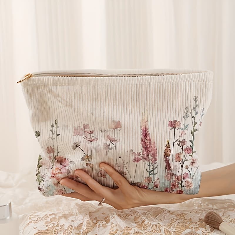 TEMU Flower Print Corduroy Zipper Storage Bag, Lightweight Makeup Bag, Multi-functional Toiletries Bag With Lining, For Girls Going Out