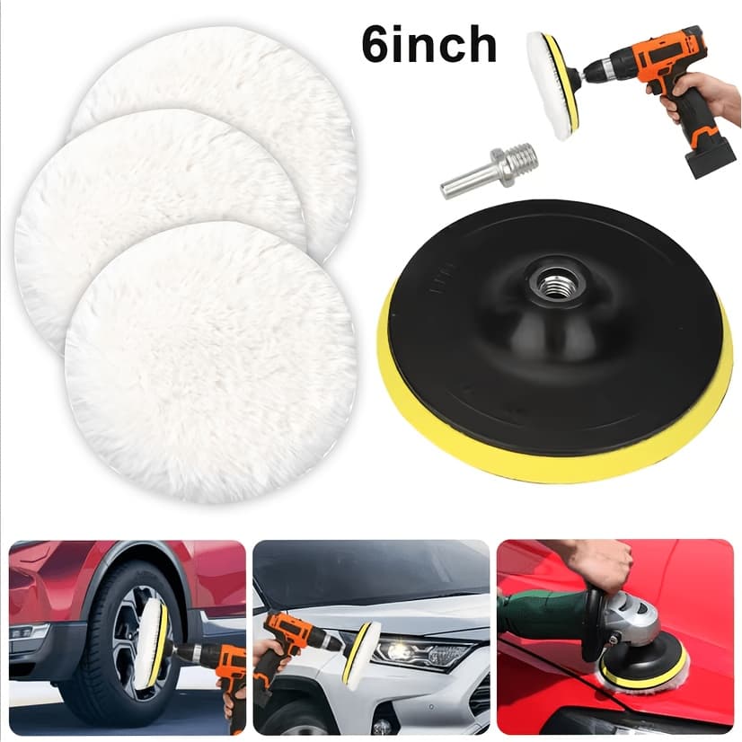TEMU 5pcs Car Buffing Set, 6inch Wool Polishing Pads, M14 Polishing Waxing Sponge Wheel Kit, With Car Polishing Machine Drill Adapter, For Care And Detailing