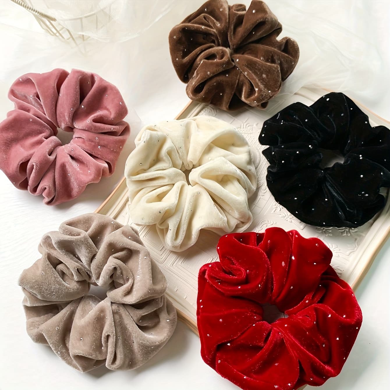 TEMU 6pcs Women's Vintage Elegant Full-sized Velvet Scrunchies For Ponytail Daily Wear