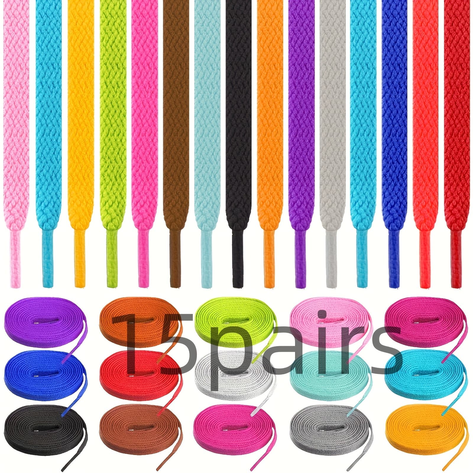 TEMU 15 Pairs Of 47-inch (120 Cm) Flat Colorful Shoelaces, Suitable For Sneakers, Skate Shoes, Boots, And Athletic Shoes, In Colors