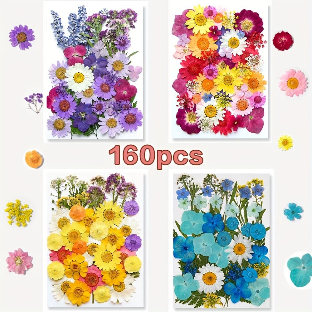 TEMU 153-160pcs Vibrant Dried Pressed Flowers And Leaves Set - Nature-inspired Decoration Kit For Crafts, Resin Jewelry, Scrapbooking And More