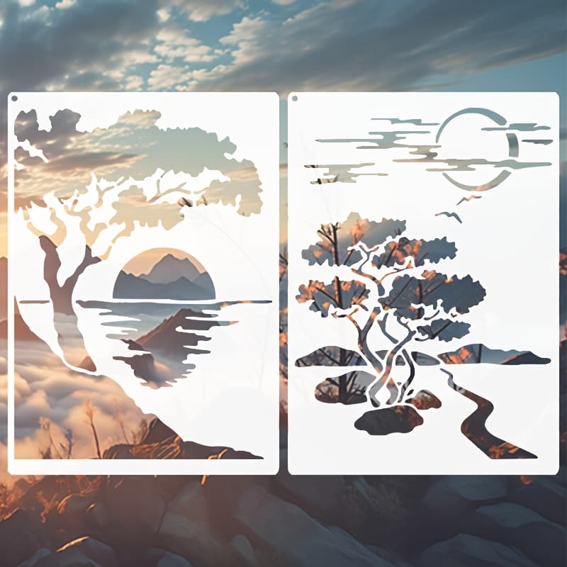 TEMU 2pcs Natural Landscape Templates, 8..7 Inches Tree And Sunset Scene Stencils, For Painting Craft Projects, Reusable, Wall Painting Template