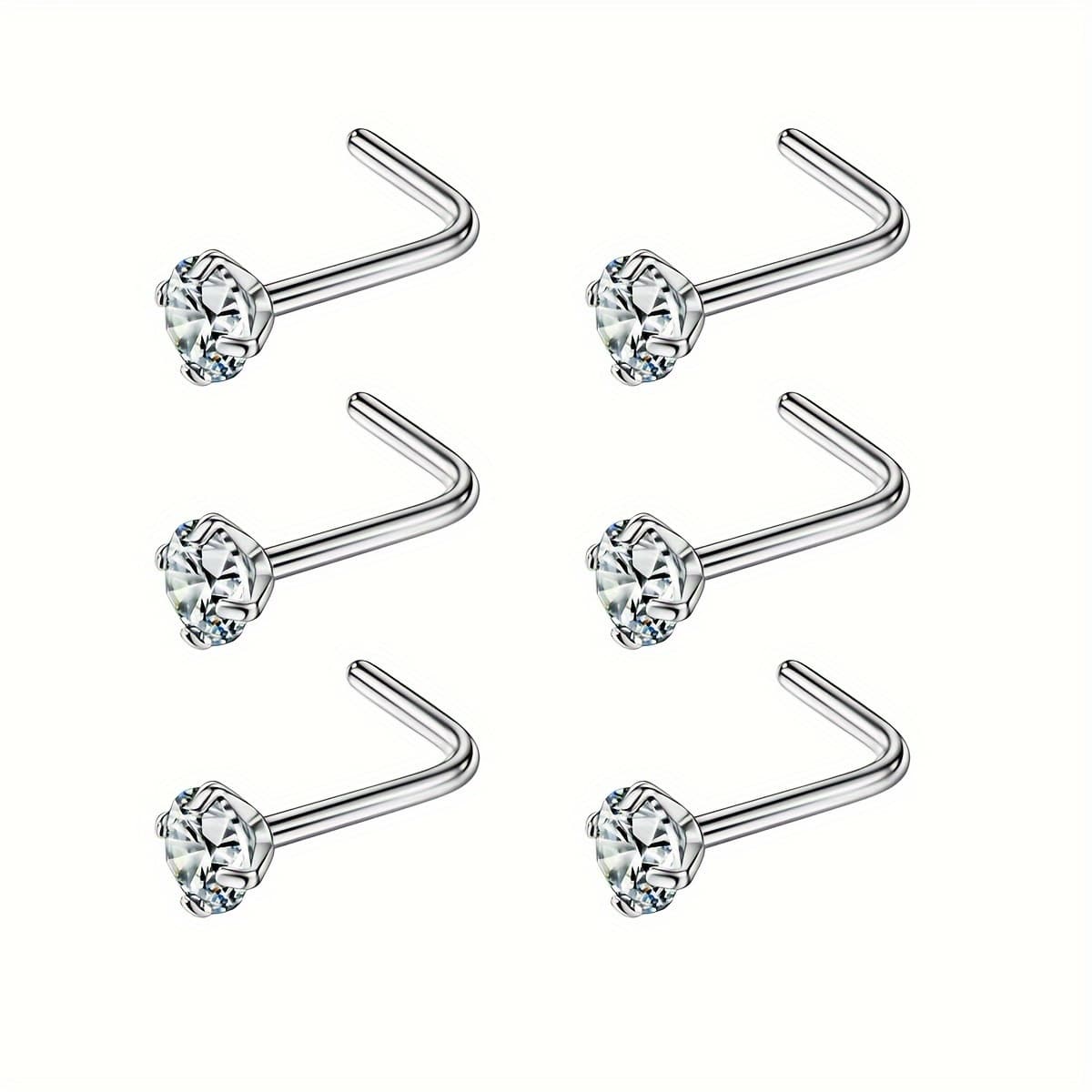 TEMU 6pcs 20g L Shaped Nose Studs Nose Rings Studs Surgical Steel Nose Piercing Jewelry For Women Men Cubic Zirconia 3mm Cz Golden Silvery