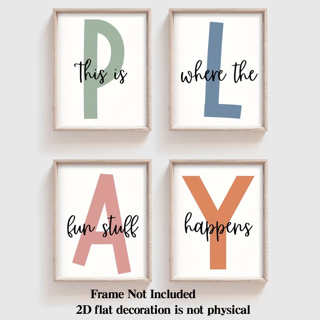 TEMU 2d Flat, 2d Flat Wall Decoration Poster No Frame 4pcs This Is Where Stuff Set Of Playroom Prints, Playroom Wall Decor, Nursery Wall Art, Play Sign, Kids Room Decor, Play Sign, 8 X 10in No Frame