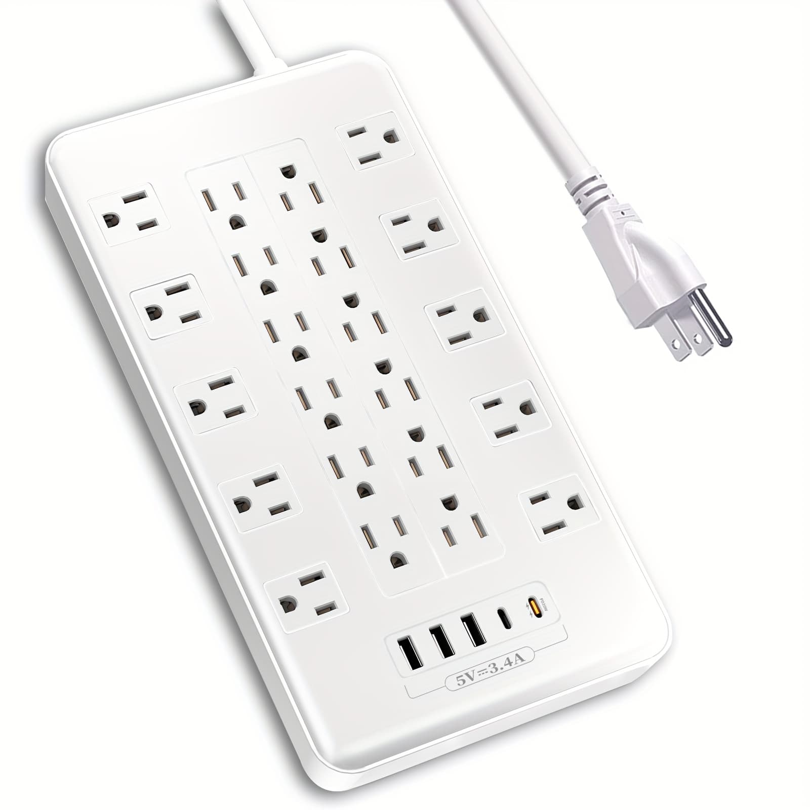 TEMU Protector Power Strip With Usb C Ports, 6ft Extension Cord With Multiple Outlets, 22 Ac Outlets And 5 Usb Ports, Pd20w Flat Plug, Heavy Duty, Wall Mount, Under Desk