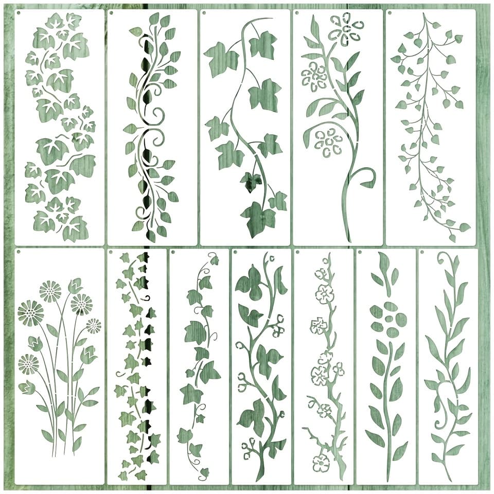 TEMU 12pcs Leaf Stencils, Spring Stencil, Reusable, For Diy Crafts, Handmade Scratch Painting, Card Making, Gift Decoration, Furniture Floor Painting, Spring Vine Design