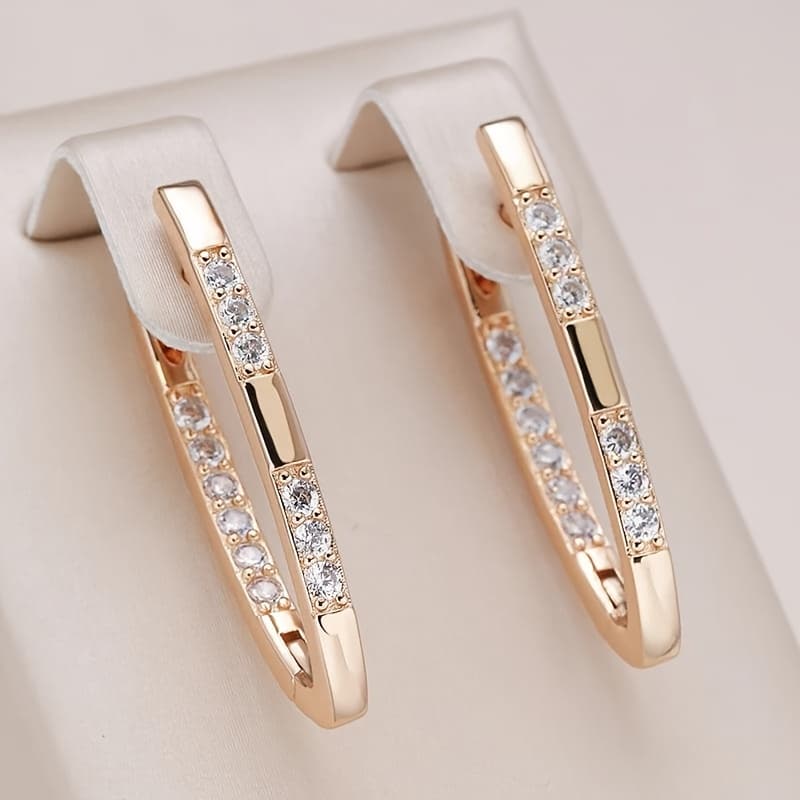 TEMU Luxurious V Shape Design Set With White Synthetic Zircon Earrings, Novelty Golden Earrings For Women, Christmas Valentine's Day Holiday Gift
