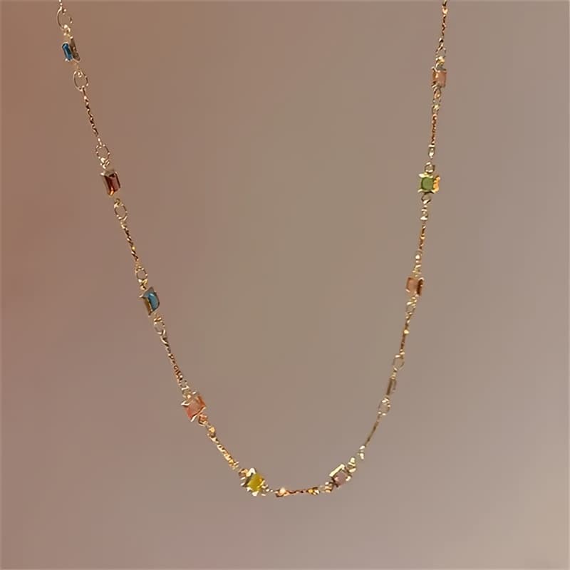 TEMU Light Luxury Square Colored Artificial Crystal Necklace Chain Minimalist Women Gifts