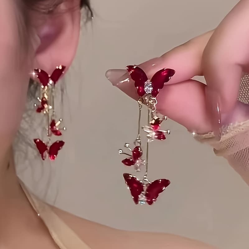 TEMU Elegant And Sexy Red Pendant Earrings With Synthetic, Fringed Long Earrings, Stylish Earrings For Everyday And Banquet Occasions - Perfect For All