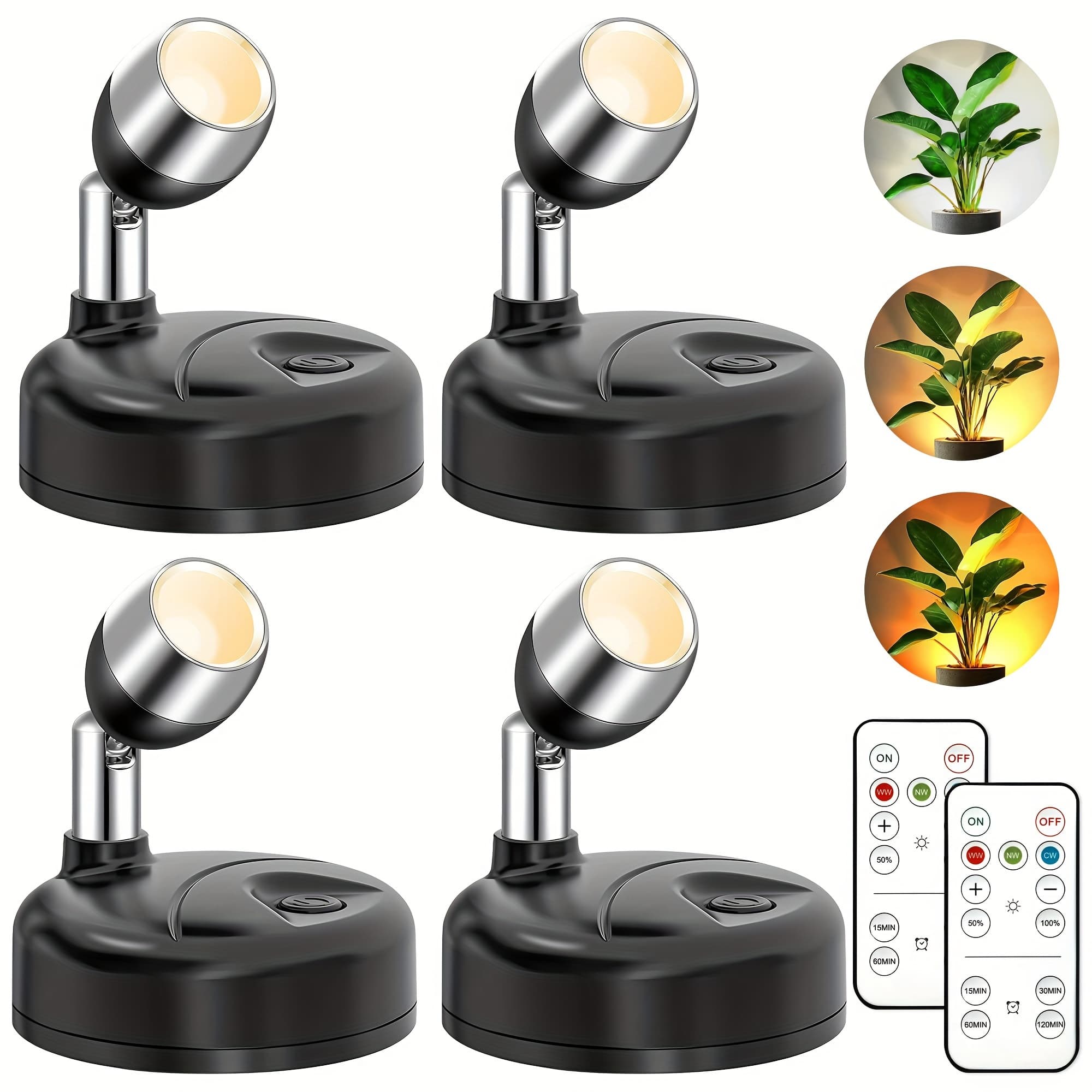 TEMU 4pcs Wireless Led Spotlight Indoor, Plant Battery Operated 3 Color Temperatures Tree Lights Indoor, Picture Light With Remote, Accent Lights For Display Artwork Dartboard