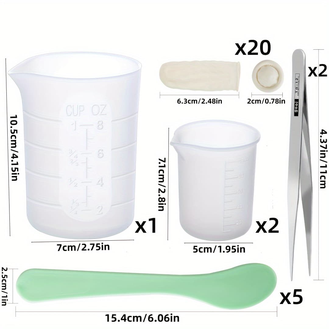 TEMU 30pcs Silicone Resin Measuring Cup Set For Diy Crafts, Epoxy Resin, Casting Molds, Jewelry Making - Includes Spoons, Finger Cots, Tweezers - Plastic Material, No Power Required