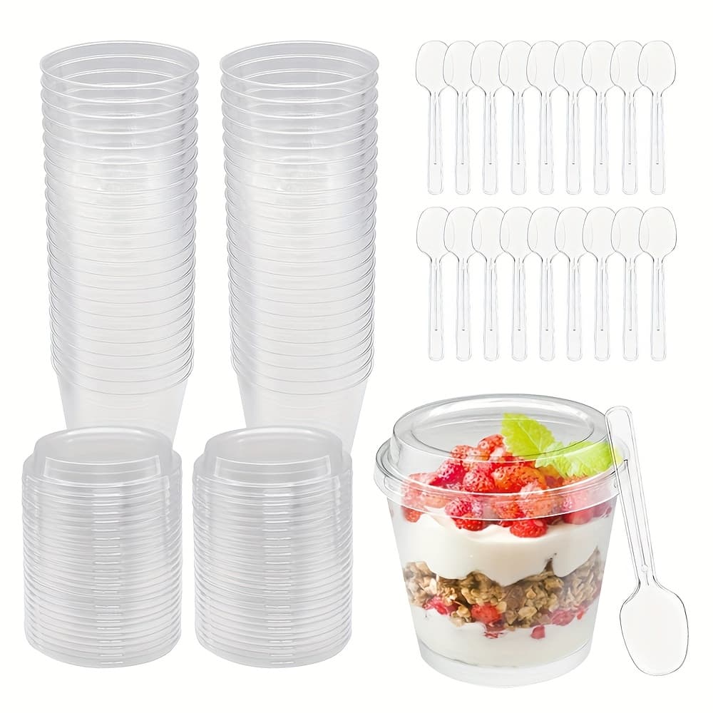TEMU 150 Mini 7oz Round Clear Plastic Dessert Party Cups With Lids And Spoons, Perfect For Puddings, Fruit Mousses, Yogurt, Ice Cream, Spring, New Year's, Easter, , Valentine's Day Party Cups