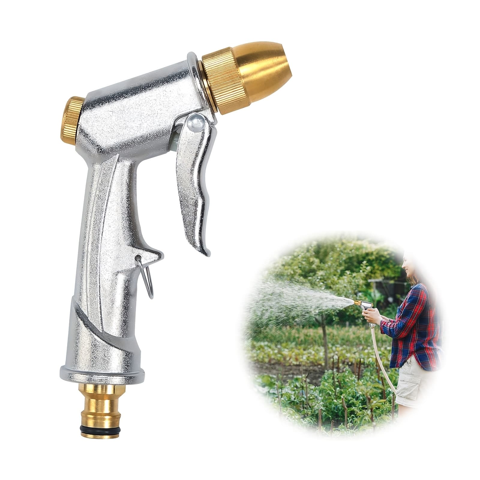 TEMU Garden Hose Spray Gun With Full Brass Nozzle, 100% Heavy Duty Metal Water Gun, High Pressure Spray Nozzle For Plants Watering, Cleaning, Car Washing And Pets Showering