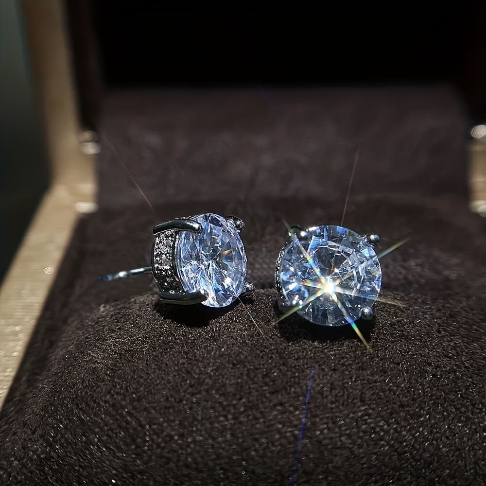 TEMU 1 Pair Elegant Silvery Plated Copper Stud Earrings With Synthetic Zirconia Inlaid, Simple And Elegant Vacation Accessories