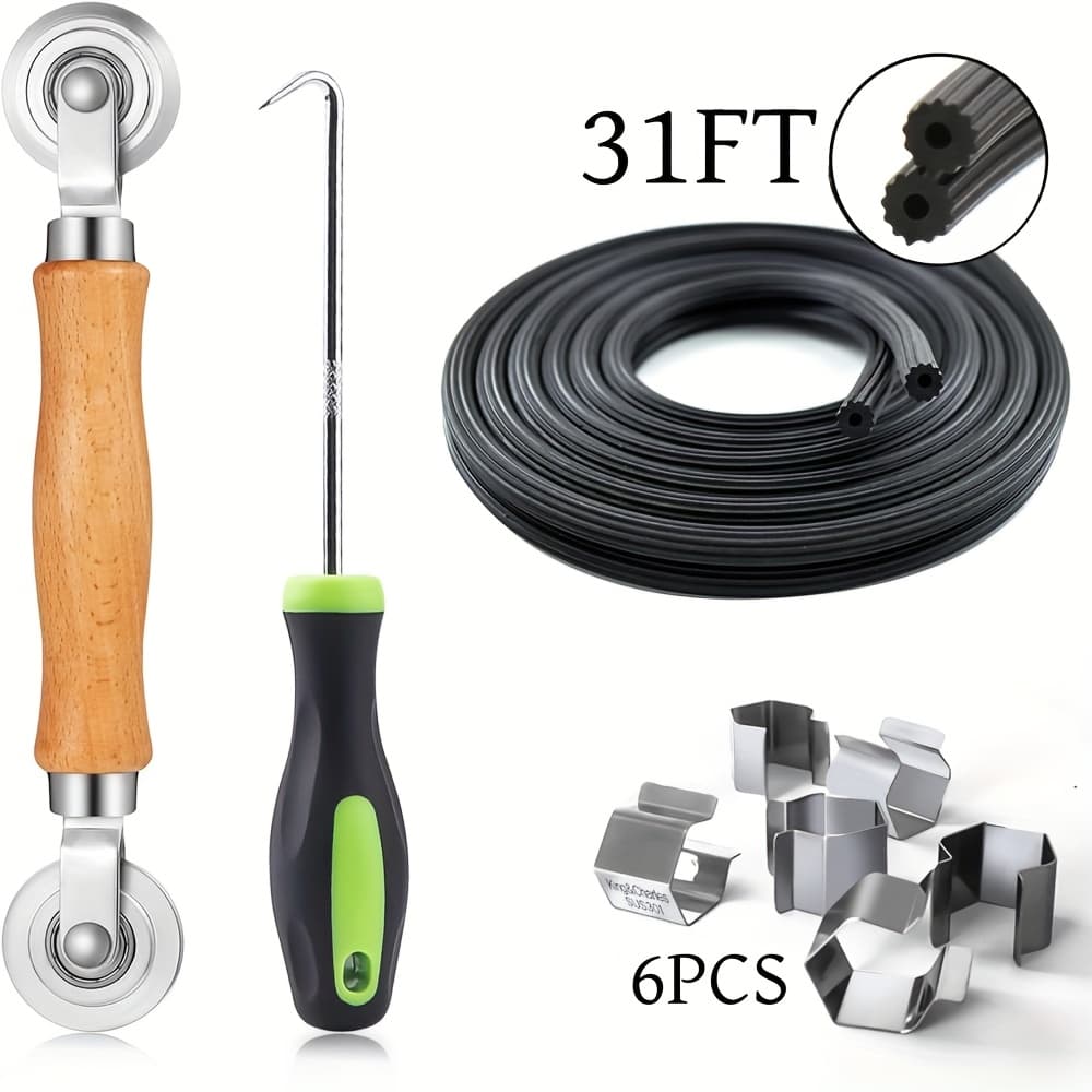 TEMU Screen Repair Kit, 4in 1 Screen Roller Tools With Bearing & Removal Hook & Clips ( 6pcs) & ( 31ft), For Install/ Replace Door Window Mesh, Household Repair Tools