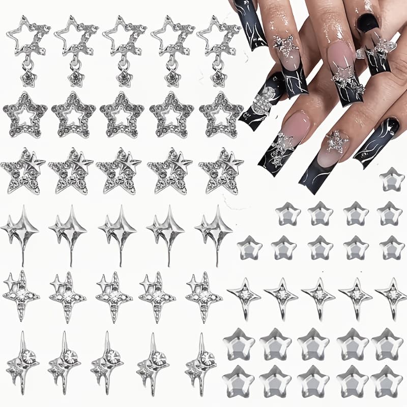 TEMU 55pcs Silvery Star Nail Charms, 3d Alloy Nail Art Additions, Y2k Style Women And Nail Decorations