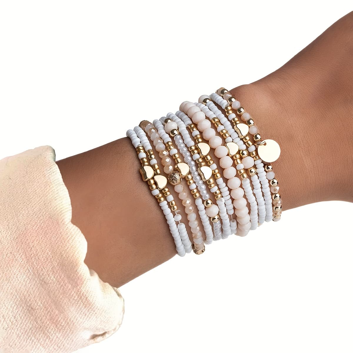 TEMU 12pcs Bead Mix-and-match Heart-shaped Rice Bead Stackable Valentine's Day Bracelet Set, Suitable For Gifting