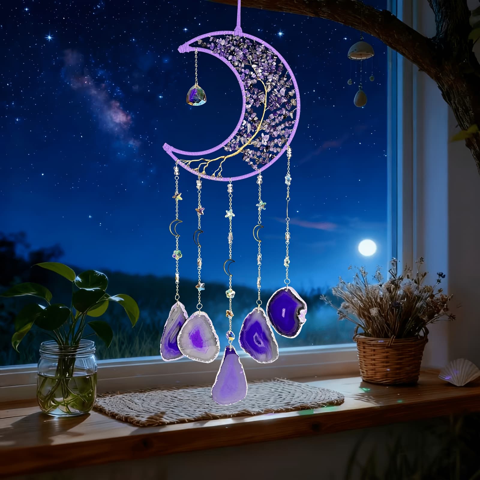 TEMU Handmade Moon Agate Tree Hanging Ornament, Unique Boho Suncatcher, Birthday Holiday Christmas Gift For Mom, & Her