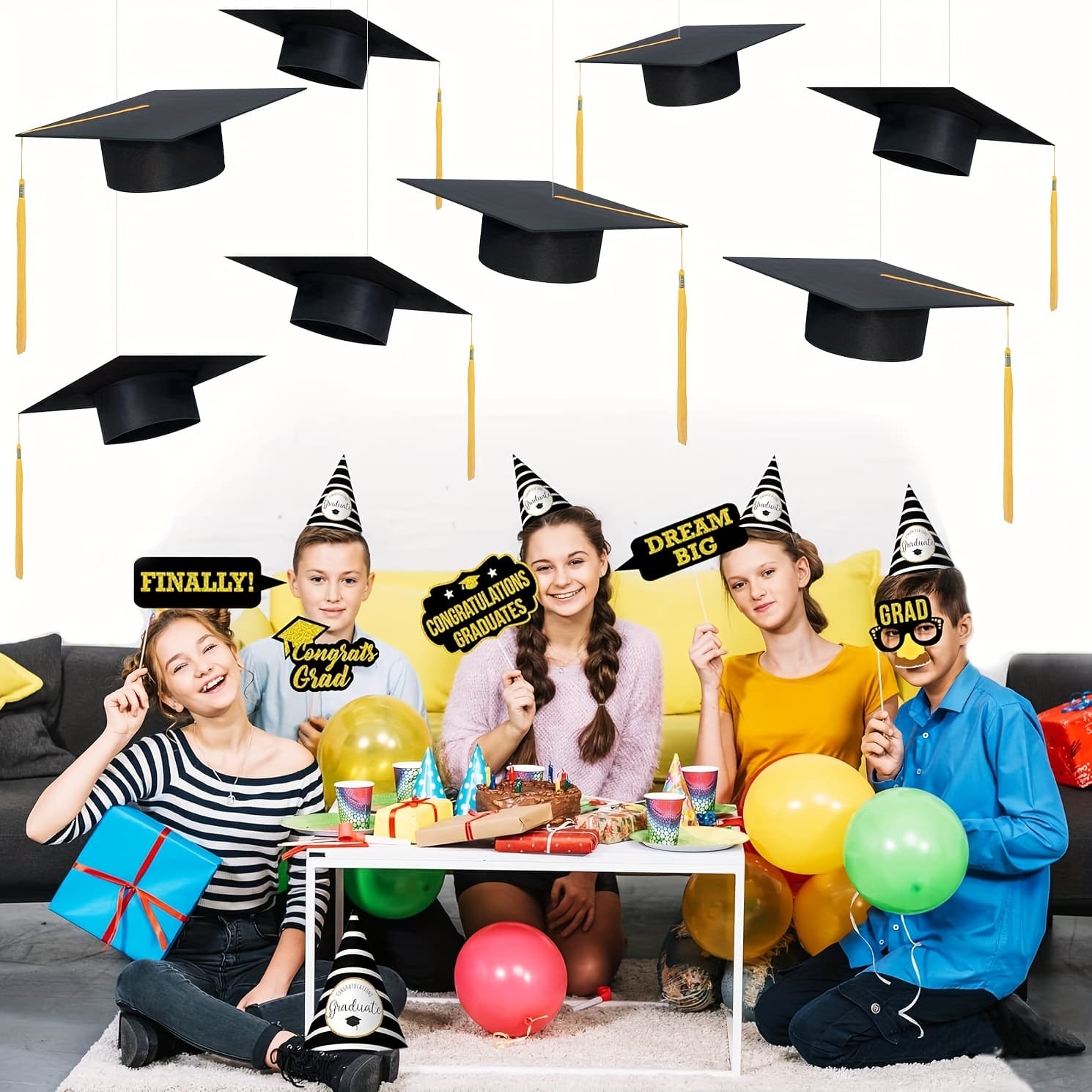 TEMU 6pcs Hanging Graduation Caps Decorations, Floating Graduation Hats Class Of 2026 Black With Golden Tassel High School Decor Indoor Outdoor Yard Congrats Party Supplies Favors