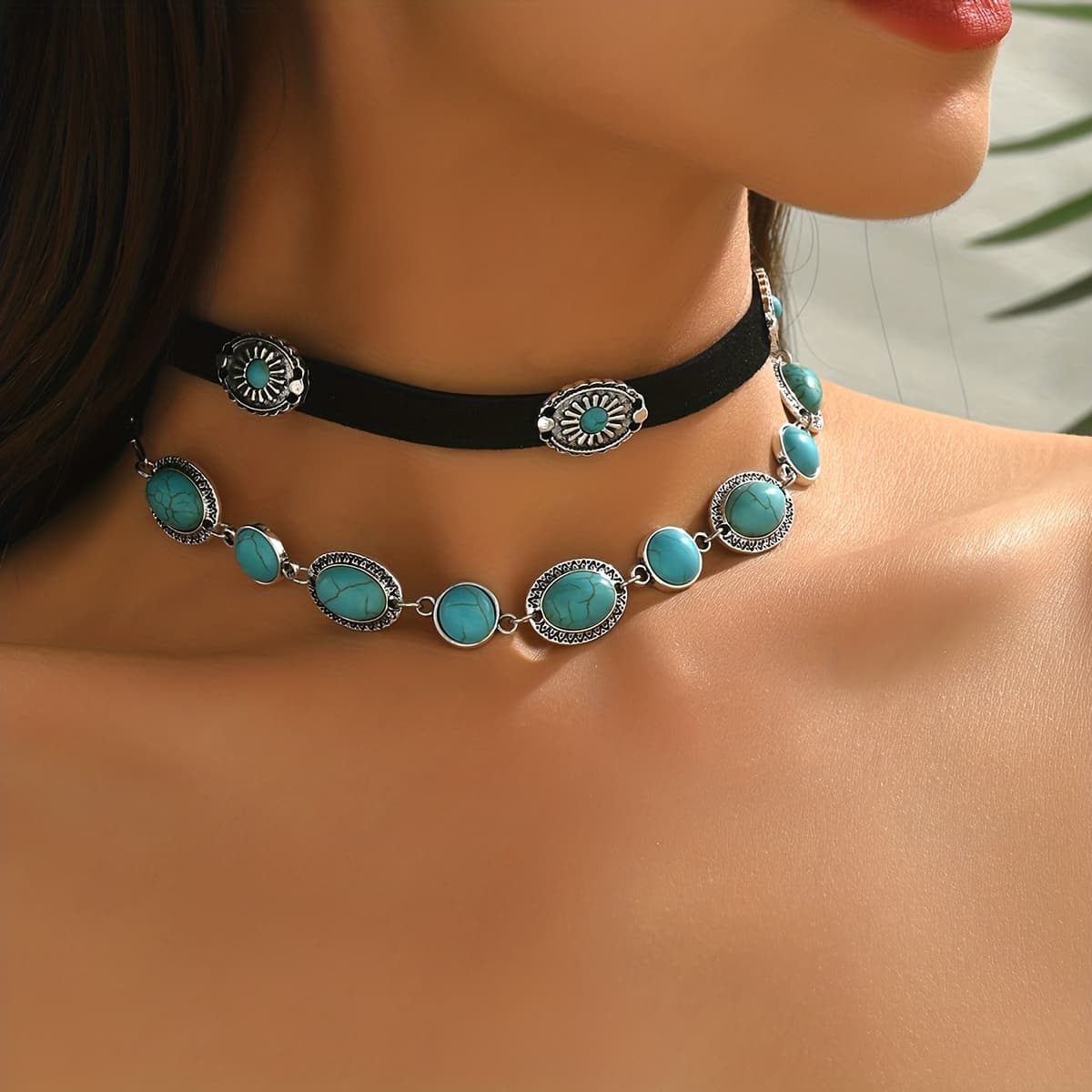 TEMU A Stylish And Turquoise Bead Choker Necklace In A 2pcs Western Cowboy Design, And Trendy, Use And Social