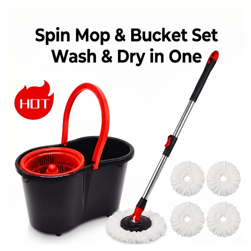 TEMU Mop And Bucket Set With Wringer, Rolling Mop Bucket With Wheels, 4 Microfiber Mop Heads Included, Floor Cleaning System For Tile Hardwood Floors