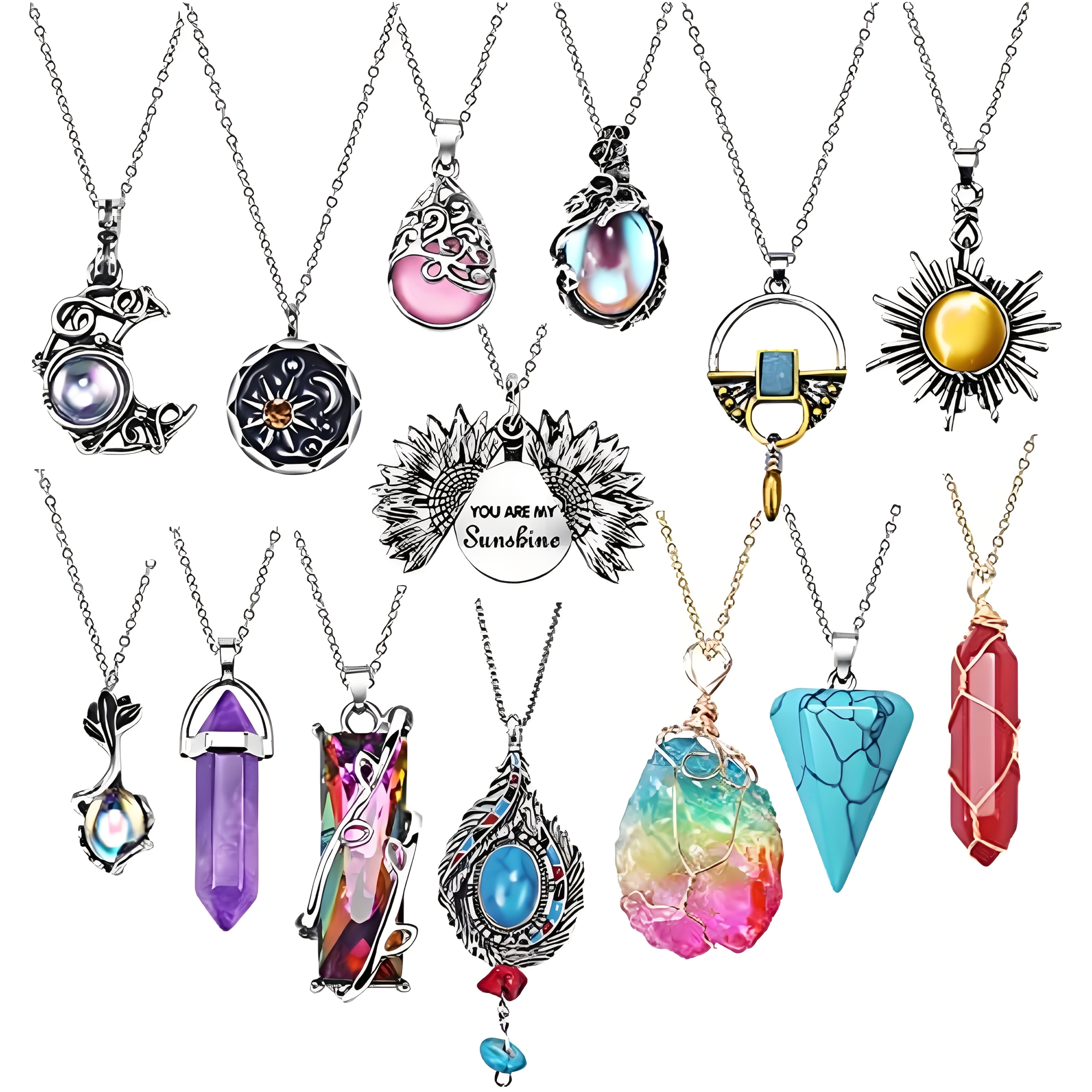 TEMU 14-item Collection Featuring A Bohemian-style Necklace Set With Natural Crystal And , Including And Turquoise. This Retro- Set Is Perfect For Ladies' Festivals And Birthday Celebrations